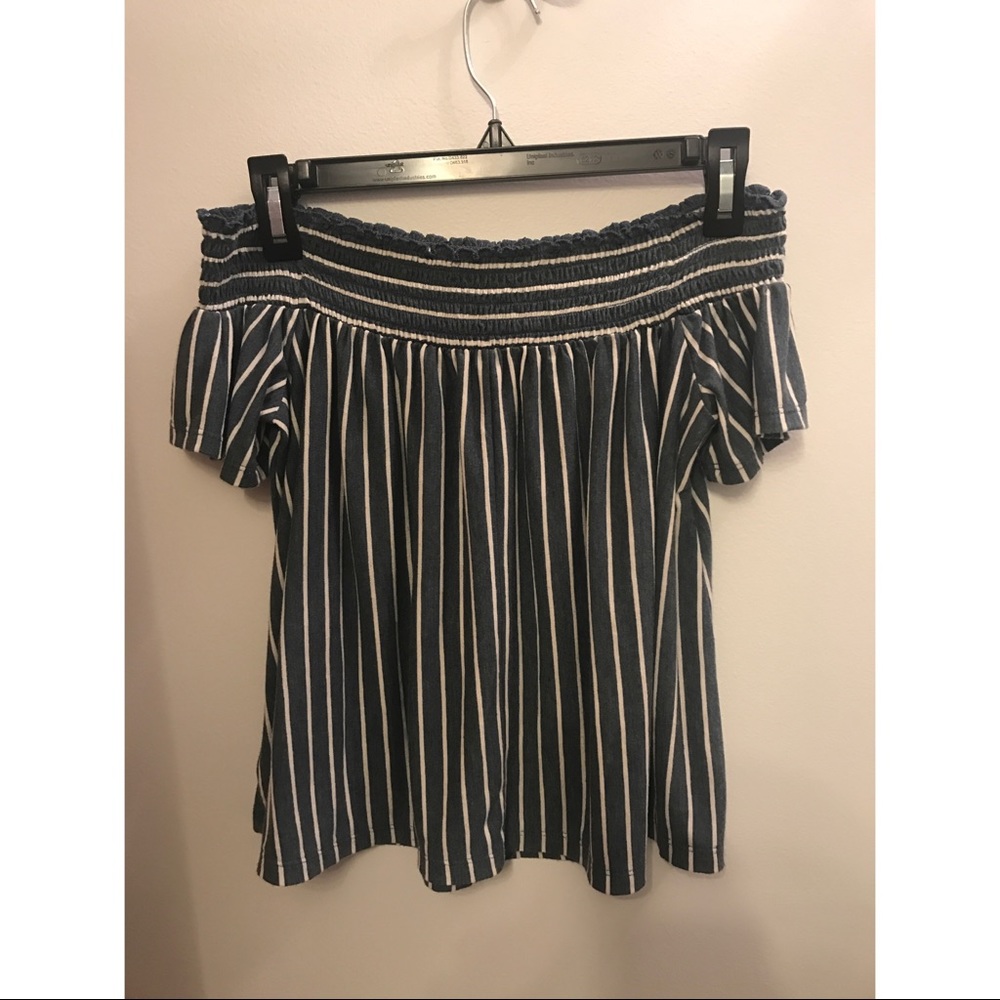 Off the shoulder blue and white striped tee